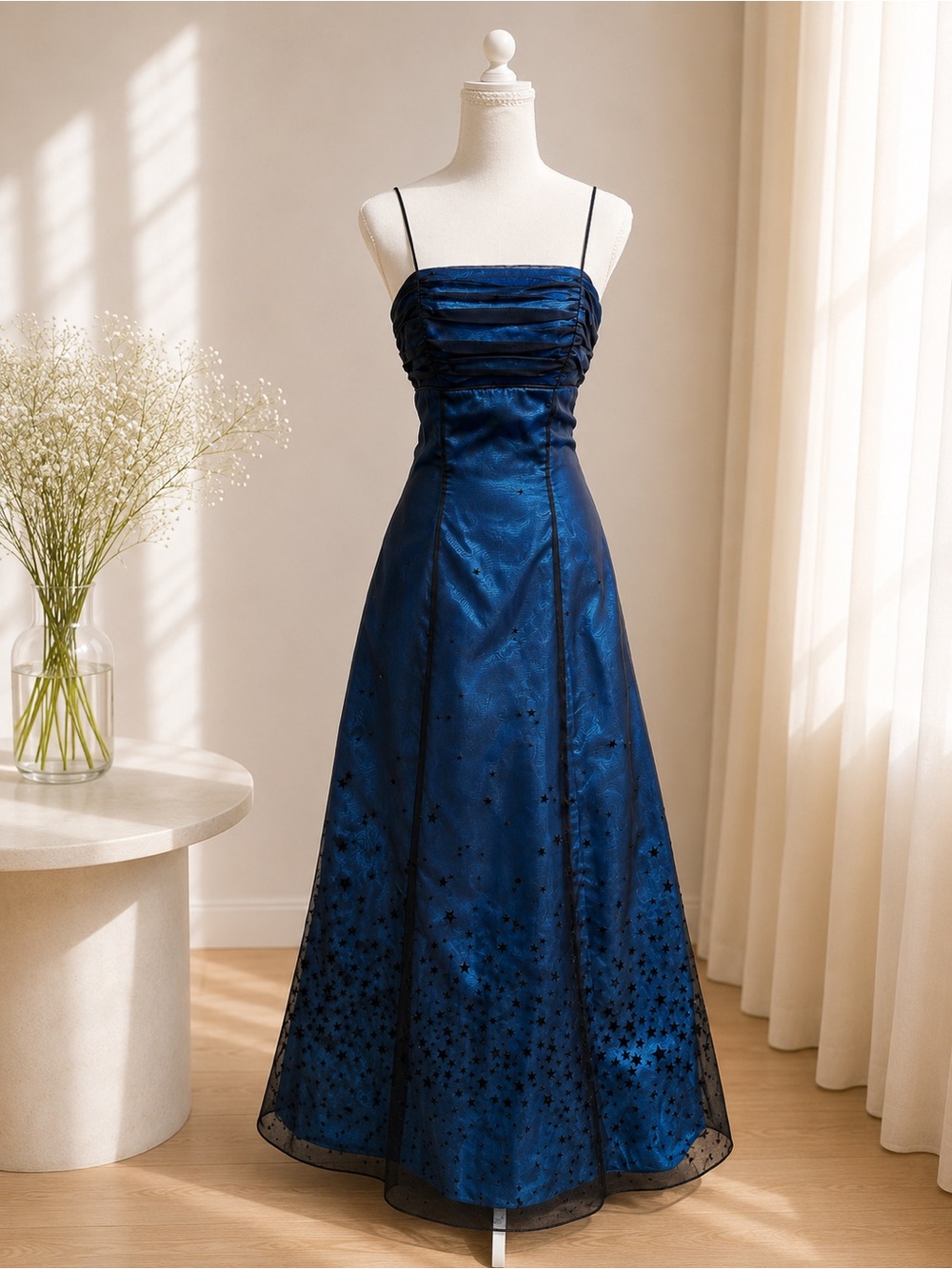 Morgan & Co. Vintage Navy Blue Spaghetti-Strap Prom Gown